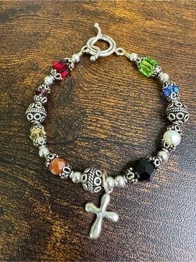 Sterling Silver Salvation Bracelet Multi-Colour Crystal Beads Cross Charm Toggle